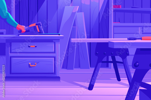 Woodworking Shop Cabinetry Scene With Carpenter
