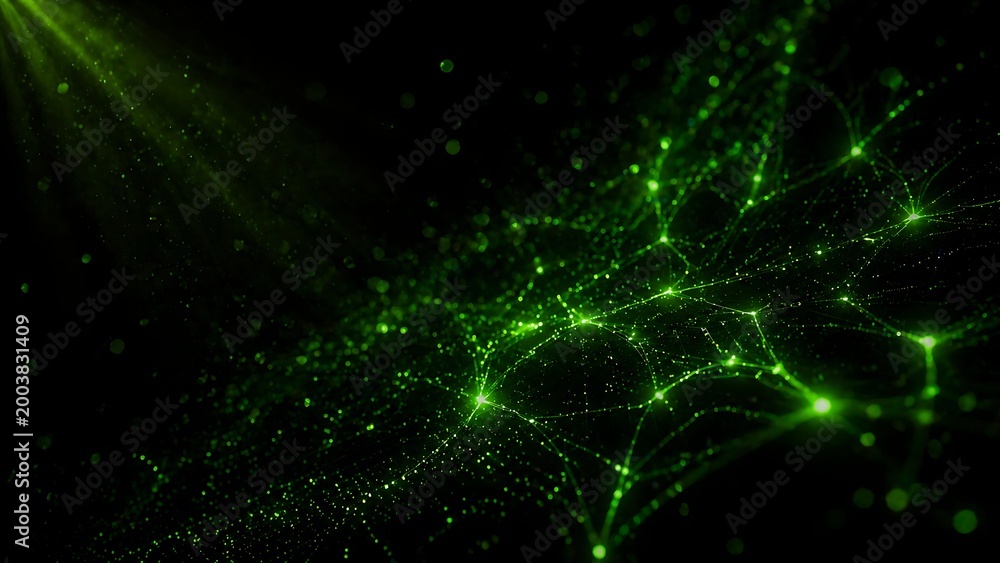 Obraz premium Abstract glowing green network of connections and particles on a dark background representing data flow and digital technology concept
