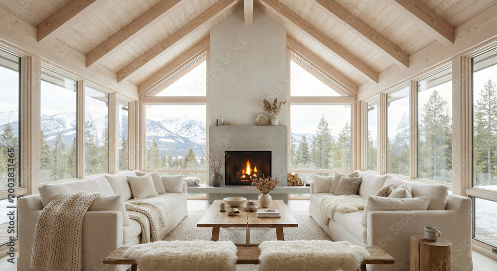 Fototapeta premium A cozy living room with a fireplace and large windows overlooking a snowy mountain landscape.