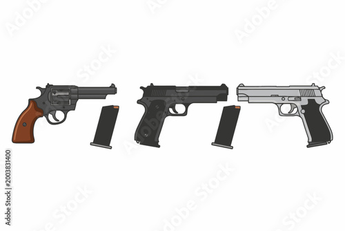 Handgun and Revolver Set Isolated on White Vector Illustration