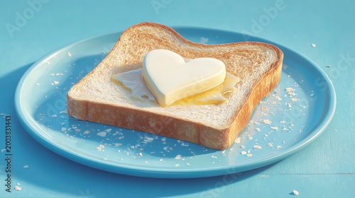 A slice of toast on blue plate with a heart shaped piece of butter on 