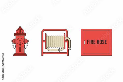 Fire Hydrant and Hose Reel Safety Equipment Vector Set