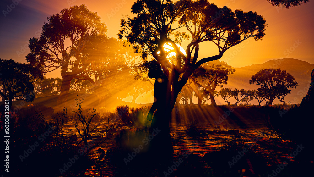 Fotografia Ancient CGI World Landscape: Australopithecus and Atmospheric God Rays - Human E