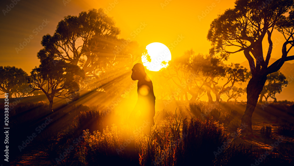 Φωτογραφία Ancient Hominid Orrorin Tugenensis in African Savanna - CGI Human Evolution