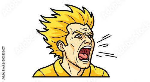 Photos Man screaming, yellow shirt, spiky blond hair, angry expression, comic style