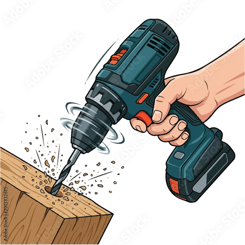 Handheld cordless drill drilling into wooden surface for construction or repair work.
