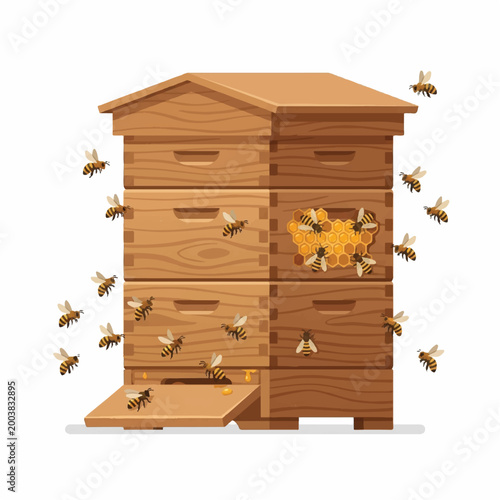Wooden Bee Hives with Bees Collecting Honey and Pollinating Flowers.