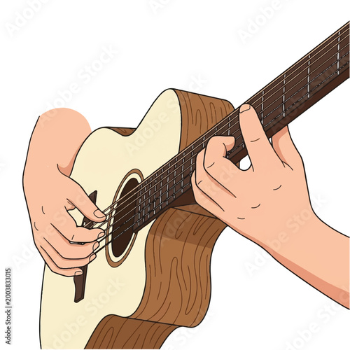 Person Playing Acoustic Guitar, Close-Up of Hands and Strings, Musical Instrument in Focus.