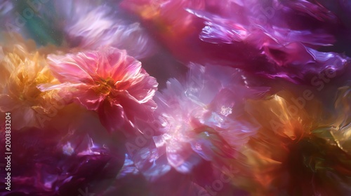 abstract photograph of flowers frozen (zinnia, cosmos, dahlia) in ice resulting in an ethereal, painting-like abstract effect 