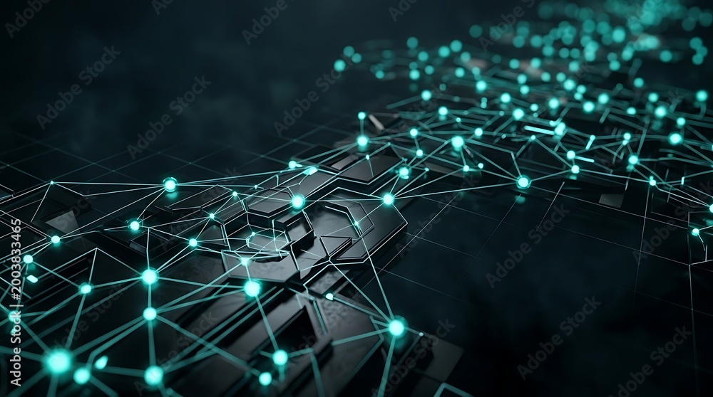 Obraz premium Abstract digital network connecting glowing nodes on a dark technological background representing data flow and connectivity