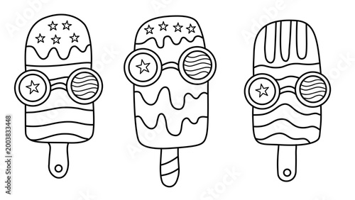 Three patriotic summer popsicles wearing cool sunglasses with american patterns