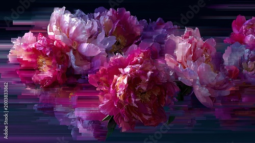 abstract photograph of flowers frozen (zinnia, cosmos, dahlia) in ice resulting in an ethereal, painting-like abstract effect 