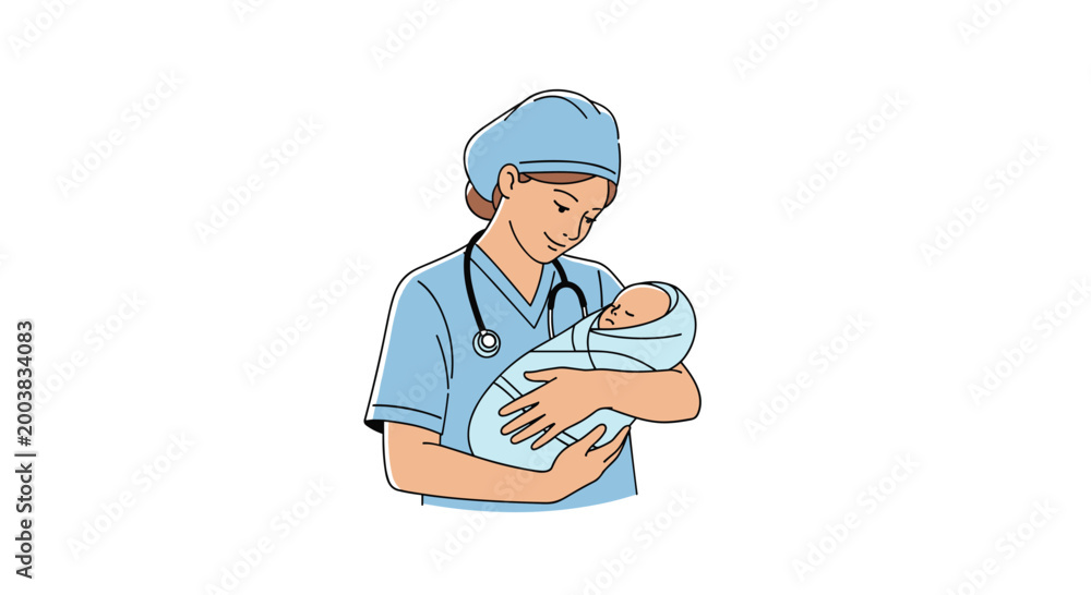 Fototapeta premium A smiling nurse in medical scrubs and cap cradles a newborn baby wrapped in a blanket, symbolizing care and the beginning of life.