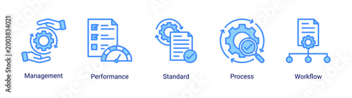 Process Management icon set featuring workflow,management,standard,and performance concepts.Ideal for business operations,system control,and productivity improvement.