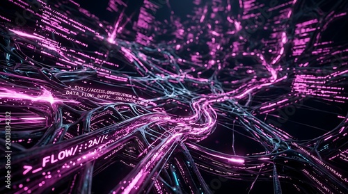 Abstract digital network flow with glowing pink and blue data streams and code elements representing complex information transfer and connectivity