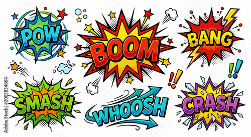 Cuadro en lienzo Retro Comic Book Sound Effect Sticker Set — Pow, Boom, Bang, Smash, Whoosh, Cras
