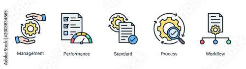 Process Management icon set featuring workflow,management,standard,and performance concepts.Ideal for business operations,system control,and productivity improvement.