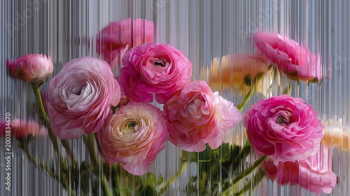 abstract photograph of flowers frozen (zinnia, cosmos, dahlia) in ice resulting in an ethereal, painting-like abstract effect 