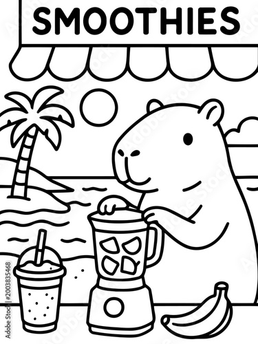 Smoothie stand cartoon: A charming cartoon depicts a friendly capybara preparing a smoothie at a beachfront stand. The scene captures the essence of a tropical getaway.