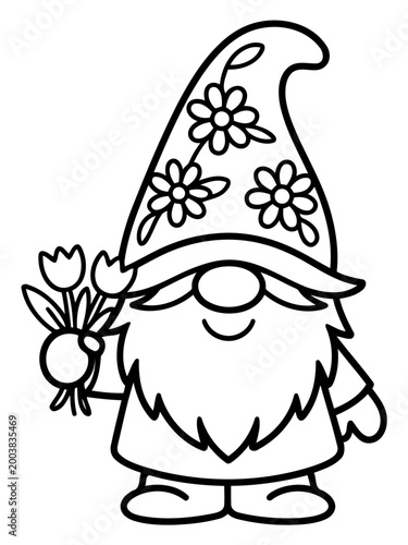 Garden Gnome's Spring Gift: A cheerful garden gnome, complete with a pointy hat and flowing beard, offers a bouquet of tulips, embodying the joy of spring. 