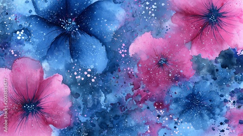 Blue, Pink, Ink-wash Floral, Splashed-ink Background