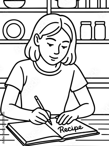 Culinary creativity in the kitchen: A young woman focuses, pen in hand, diligently writes a recipe in a notebook, creating a culinary masterpiece with culinary inspiration.