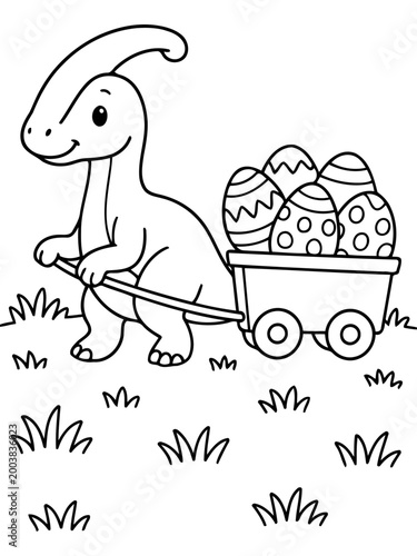 Dinosaur Delivering Easter Eggs: A cute dinosaur happily transports a cart filled with colorful Easter eggs, embodying the spirit of Easter in this delightful illustration.