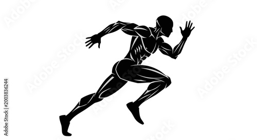 Strong muscular male athlete running with powerful stride silhouette, demonstrating strength and speed on an isolated white background.