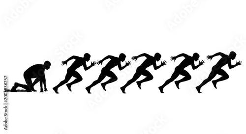 Multiple male sprinters in starting block position progressing to a full sprint silhouette, illustrating race progression on an isolated white background.