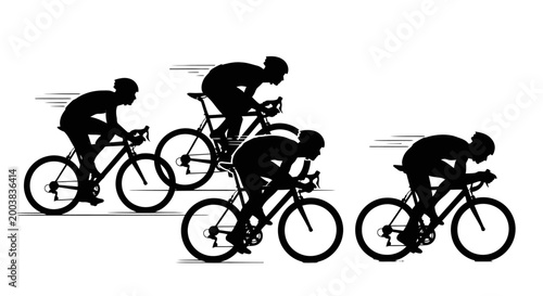 Silhouettes of cyclists racing intensely in a group, dynamic cycling action on an isolated white background with speed lines