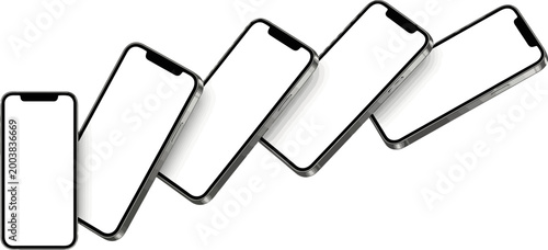 Realistic smartphone mockup. mobile phone 3d render with blank screen isolated on white background, phones falling diagonal views. 3d illustration