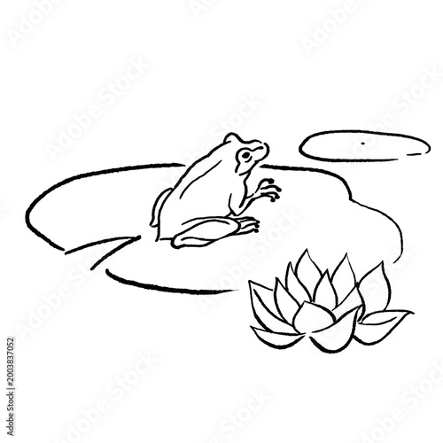 蓮の葉の上に座っているカエル　モノクロ　日本画風　睡蓮
