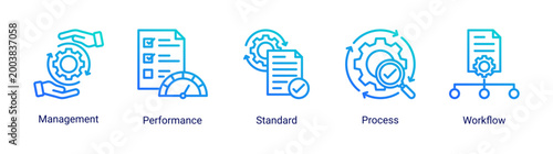 Process Management icon set featuring workflow,management,standard,and performance concepts.Ideal for business operations,system control,and productivity improvement.