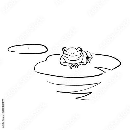 蓮の葉の上に座っているカエル　正面から　日本画風　線画モノクロ