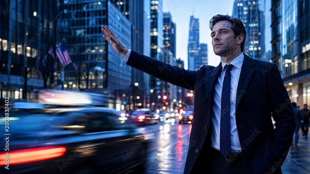 Fototapeta premium Businessman hailing a taxi on a bustling city street at dusk
