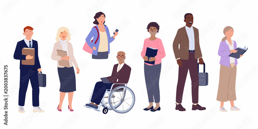 Fototapeta premium group of seven diverse business people including a person in a wheelchair vector illustration