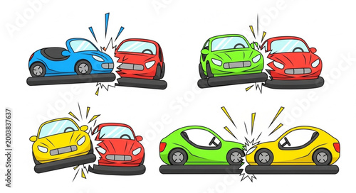 Photos Cartoon cars colliding in multiple accident scenarios.