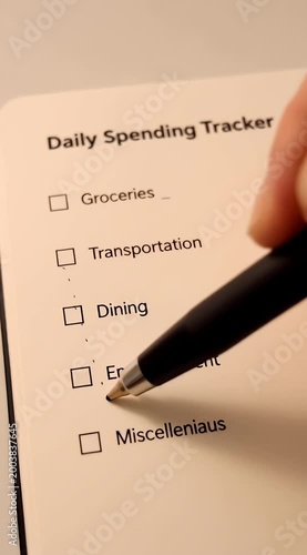 Close-up of a hand holding a pen to track daily spending on a tracker with checkboxes for groceries, transportation, dining, and miscellaneous in a neutral background.