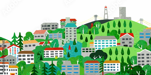 Quadro su tela watercolor illustration of a hillside town with colorful buildings and a distant