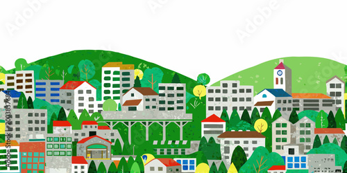 Foto watercolor hillside town illustration with colorful buildings and lush green tre