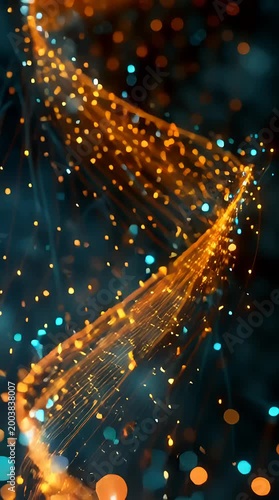 Glowing orange DNA helix with blue and orange particles on a dark background with cinematic lighting