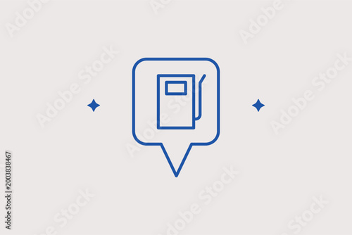 Gas station pin line icon for fuel stop identification and roadside service navigation. Automotive vector illustration for fuel finder apps and highway travel itinerary planners.