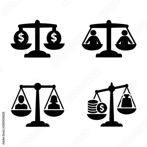 Justice and equality scale icon set solid black silhouette vector of gender balance and pay equity symbols for legal rights and social justice concepts