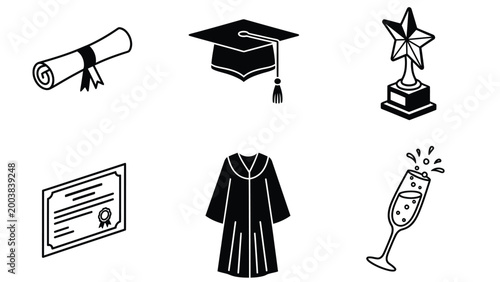 Graduation and Academic Achievement Line Art Icons. Diploma, Cap, Gown, Trophy, Celebration Set.