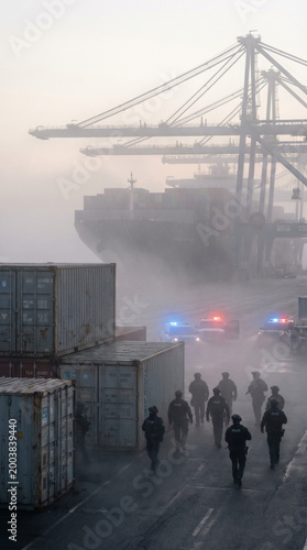 Law enforcement officers conducting a human trafficking bust at a foggy shipping port, with containers and cranes silhouetted against the dawn light