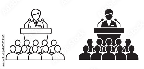 Black and white line icons of businessmen giving speeches Vector, illustration