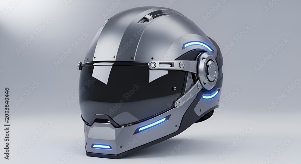Fototapeta premium Futuristic Motorcycle Helmet with Blue LED Lights, Sci-Fi Design
