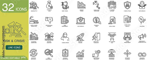Risk crisis icon set line business security finance compliance outline collection of simple symbol, suitable for presentation, infographic, website interface, corporate report, dashboard