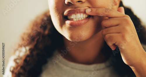 Cuadro en lienzo Dental, woman or mouth in bathroom with check, hygiene results or tooth wellness in orthodontics