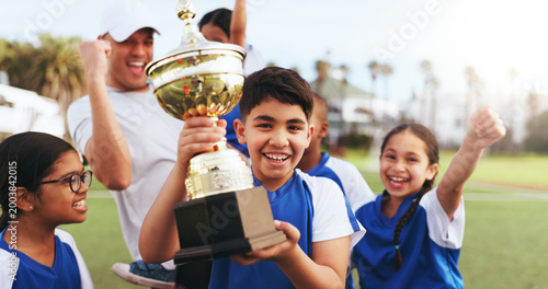Canvastavla Happy, coach and children with trophy on field, soccer tournament success and celebration victory